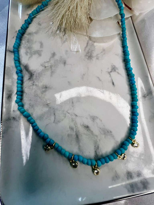 Turquoise Necklace with Dainty Cubic Zirconia Stone Charm