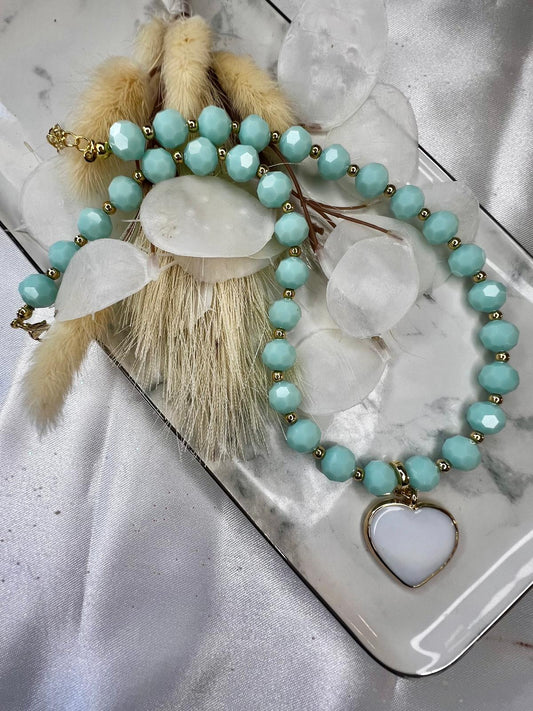 Mint Blue Faceted Rondelle Necklace with Heart