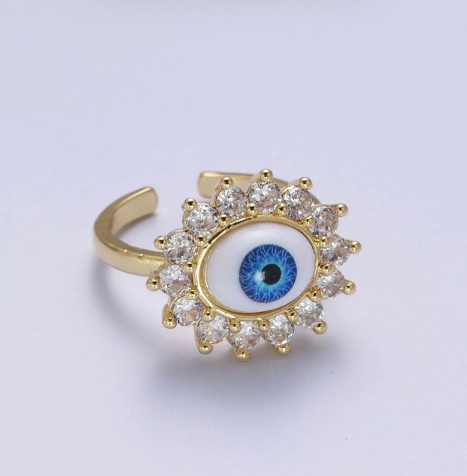 Blue Evil Eye Round Cubic Zirconia Bezel Gold Adjustable Protection
