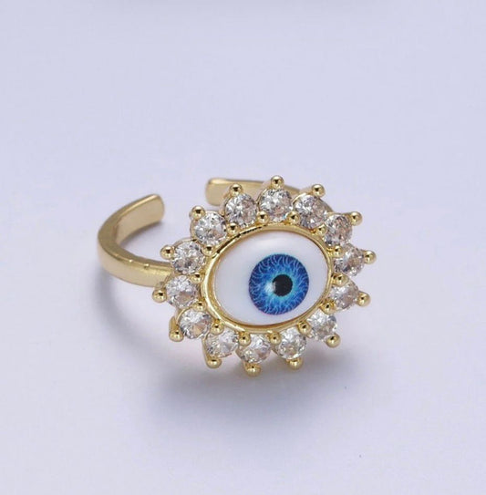 Blue Evil Eye Round Cubic Zirconia Bezel Gold Adjustable Protection
